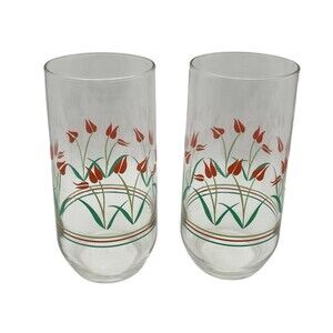 Vintage Anchor Hocking Tulip Glasses Set of 2 Red Green Flowers 6.25”